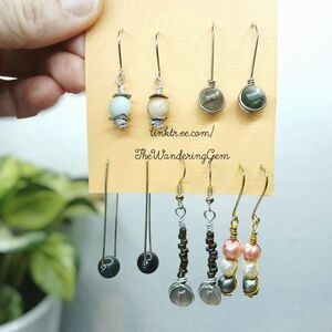 2/$50 - 5 Piece Gemstone Beaded Dangle Earring Set Boho Grey Pink Fairy Core